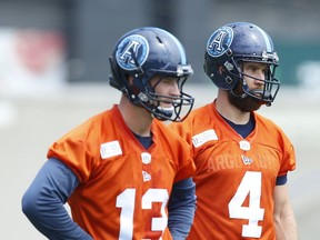 Then-Toronto Argonauts backup QB Michael O'Connor joins fellow-pivot McLeod Bethel-Thompson during practice in this photo from July 2019. O'Connor signed with the Calgary Stampeders on Tuesday.