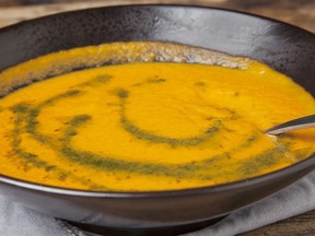 Tomato Soup with Basil Oil for ATCO Blue Flame Kitchen for February 24, 2021; image supplied by ATCO Blue Flame Kitchen
