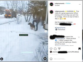 A screen grab from the @calgaryevents Instagram page shows a Calgary Police officer and a dog at a call in Calgary. The incident was posted on Wednesday night.
