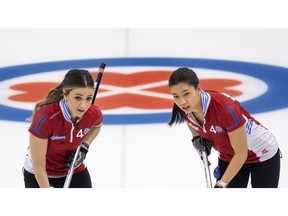Team Wild Card No. 3 third Jenna Loder and lead Brittany Tran compete in Draw 13 at the Scotties Tournament of Hearts 2021, the Canadian Women's Curling Championship. Photo by Andrew Klaver/Special to Postmedia, Pool.