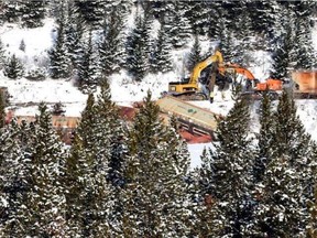 Photos show the aftermath of a train derailment along the edge of Crowsnest Lake that happened on Friday, Feb. 12.