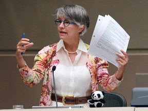 Calgary Coun. Druh Farrell speaks during a council session on June 25, 2018.