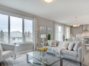 The great room in the Peony show home by Cedarglen Homes, in the Parks of Harvest Hills.