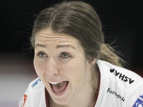 Lead Nadine Scotland of Team Walker reacts to a throw as Team Rocque and Team Walker meet in semi-final action at the Alberta Scotties Tournament of Hearts in Okotoks on Saturday, January 25, 2020. Brendan Miller/Postmedia