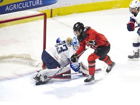 Team Canada's Blayre Turnbull is stopped on a breakaway in the first period of a game at Budweiser Gardens in London, Ont. on Feb. 12, 2019.