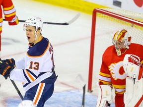 Calgary Flames goalie David Rittich reacts after a goal by Jesse Puljujarvi of the Edmonton Oilers during NHL hockey in Calgary on Friday February 19, 2021. Al Charest / Postmedia