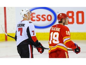 The Ottawa Senators'  Brady Tkachuk and the Calgary Flames' Matthew Tkachuk went head-to-head in Calgary in this photo from Nov. 30, 2019.