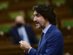 Prime Minister Justin Trudeau rises during question period in the House of Commons on Parliament Hill in Ottawa on Wednesday, Feb. 17, 2021.