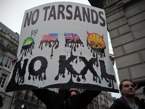 Activists rally against the Keystone XL pipeline in central London, Britain, on April 11, 2013.