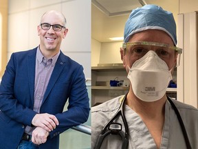 Dr. Dan Muruve (left), chief science officer of Arch Biopartners, and Dr. Alain Tremblay, professor at the University of Calgary's Cumming School of Medicine, are facilitating a Phase II human trial in Calgary for Metablok, a drug developed to combat organ inflammation often in severe cases of COVID-19.