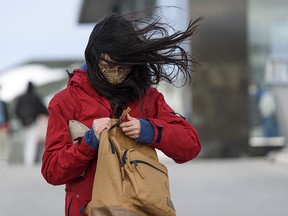 Wind buffets a woman on the Crowfoot CTrain overpass in Calgary on Jan. 13, 2021.