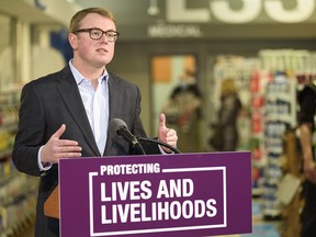 Health Minister Tyler Shandro speaks at a press conference at Crowfoot Co-op in Calgary on Tuesday, March 2, 2021.