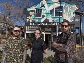 The Dandelion Cafe co-owner Caleb Olney, left, chef Stephanie O'Brian, and co-owner Alex Boston pose outside their cafe in Calgary. Azin Ghaffari/Postmedia