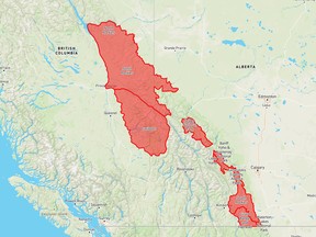 Avalanche Canada issued an avalanche warning for much of the Rocky Mountains in western Alberta and eastern B.C.