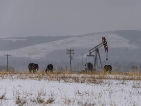 An oil derrick near Black Diamond, Alta. on Thursday, March 25, 2021.