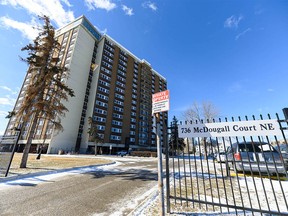 The exterior of Bridgeland Place in Calgary on Monday, March 29, 2021. Bridgeland Place, an affordable housing development, has been decommissioned by city council, and is set for closure over the next two years.