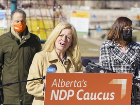 Rachel Notley, leader of the Alberta NDP, speaks at a press conference in Calgary on Tuesday, March 30, 2021.