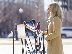 Rachel Notley, leader of the Alberta NDP, speaks at a press conference in Calgary on Tuesday, March 30, 2021.