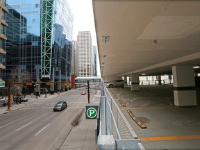 A nearly empty Barclay Centre parkade and a quiet 6th Avenue are seen in downtown Calgary on Wednesday, March 10, 2021.