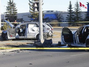 Calgary police investigate a serious car crash between two vehicles on Macleod Trail and 94th Avenue S.W. that sent a youth to hospital in serious condition in Calgary on Tuesday, March 16, 2021.