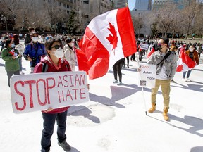 Hundreds came out to support the Stop Asian Hate rally at the Olympic Plaza hosted by the Calgary Asian Community in Calgary on Sunday, March 28, 2021.