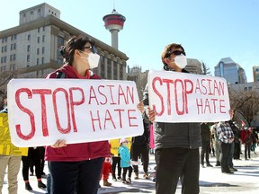 Hundreds came out to support the Stop Asian Hate rally at the Olympic Plaza hosted by the Calgary Asian Community in Calgary on Sunday, March 28, 2021.
