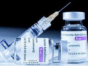 Vials of the AstraZeneca COVID-19 vaccine in Paris on March 11, 2021.