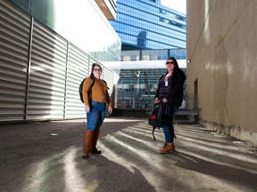 Kathleen Larose, with Alberta Alliance Who Educate and Advocate Responsibly (AAWEAR), left and Brandy Myette, a recovery coach in Calgary, were photographed in downtown Calgary on Saturday, March 13, 2021 in an area where they walk while doing outreach work for AAWEAR.