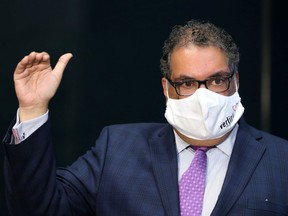 Calgary Mayor Naheed Nenshi speaks outside council chambers on Monday, July 20, 2020, before council decided to bring in mandatory mask rules.