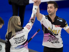 Calgary Ab,March 24, 2021.WinSport Arena at Calgary Olympic Park.Home Hardware Canadian Mixed Double Curling Championship.Kadriana Sahaidak and Colton Lott of Winnipeg Beach Mb, defeat Peterman/Gallant in round 8, 8-7. Curling Canada/ Michael Burns Photo