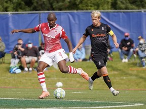 Cavalry FC’s Jordan Brown goes to pass in a Canadian Premier League match against Forge FC during the The Island Games tournament in Charlottetown, P.E.I., on Sept 15. 2020.