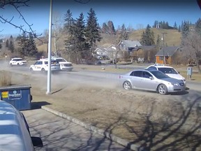 A still from YouTube showing a Monday, March 15 car chase involving Cochrane RCMP.