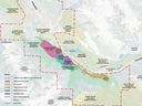 Map showing two proposed development areas, Three Sisters Village and Smith Creek, which were the subject of a Canmore hearing on Tuesday. 