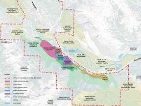 A map showing the two proposed development areas, Three Sisters Village and Smith Creek, which were the subject of the Canmore Hearing.