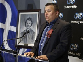 President of the Fort McKay Metis Ron Quintal announces they bought all of its land from the provincial government, in Edmonton Alta, on Wednesday March 28, 2018.