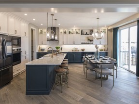 The L-shaped kitchen in the Pearl show home by Mattamy Homes.