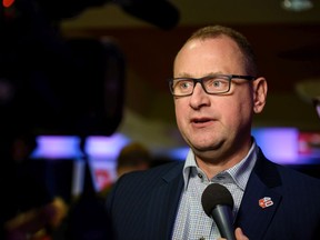 Calgary Flames general manager Brad Treliving speaks with the media after the team’s 40th season luncheon at the Scotiabank Saddledome on March 9, 2020.