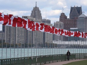 Canadian flags fly along the Detroit River in Windsor, Ont., as downtown Detroit. is seen in the background on Thursday, October 8, 2020.