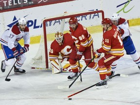 Calgary Flames goalie Jacob Markstrom makes a save against Montreal Canadiens at the Scotiabank Saddledome in Calgary on Monday, April 26, 2021.