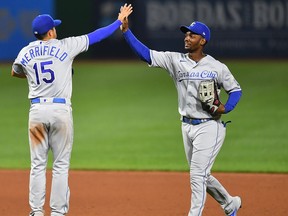 PITTSBURGH, PA - APRIL 28:  Michael A. Taylor #2 celebrates with Whit Merrifield #15 of the Kansas City Royals after a 9-6 win over the Pittsburgh Pirates at PNC Park on April 28, 2021 in Pittsburgh, Pennsylvania.