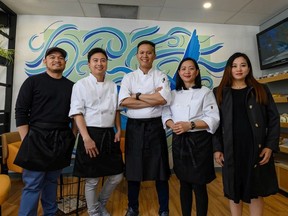 The team at Amihan Grill and Bakeshop: Richard Quiambao (left), Ryan Tiqui, Allan Ulgasan, Desiree Bansil, and Sherrel Bansil in Calgary on Thursday, April 1, 2021.