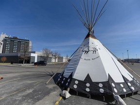 A Siksika Health Services teepee is set up outside the new Indigenous Immunization Clinic at the Best Western Premier Calgary Plaza Hotel in Calgary on Tuesday, April 13, 2021.