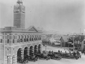 With all its grand equipment, the main fire hall was an imposing structure in Calgary, circa 1912.  Glenbow Archives NA-913-5.