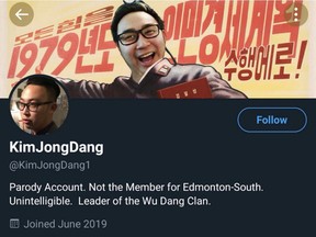 A screengrab of a racist parody account on Twitter that linked NDP MLA Thomas Dang to North Korean dictator Kim Jong-un. The account was suspended on April 14, 2021.