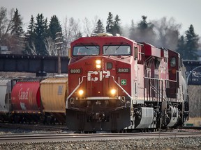 FILE - CP train on the tracks near the Canadian Pacific Railway facility in Millican Ogden in Southeast Calgary on Thursday, April 22, 2021.