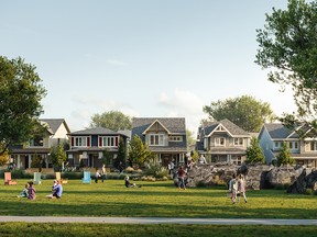 Court homes with porches directly front parks in the new community of Alpine Park.  SUPPLIED