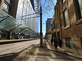 7th Avenue and the LRT line in downtown Calgary was photographed on Monday, April 26, 2021. Calgary city council is considering a 10-year plan to revitalize the downtown core.