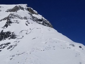 Avalanche fracture line can be seen in this photo of Haddo Peak in Banff National Park.