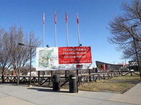 Development on the city's new event centre, which includes the new home for the Calgary Flames, has been paused in Calgary on Wednesday, April 14, 2021.