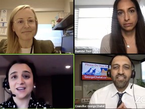 Ward 5 Coun. George Chahal speaks with Calgary physicians (clockwise) Dr. Annalee Coakley, Dr. Rupinder Toor and Dr. Cora Constantinescu during a Facebook Live town hall about COVID-19 on Wednesday, April 7, 2021.